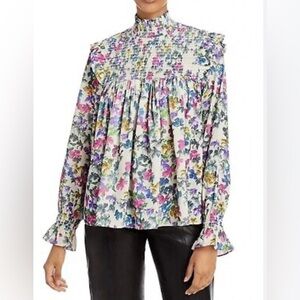 French Connection Black and White Smocked Blouse